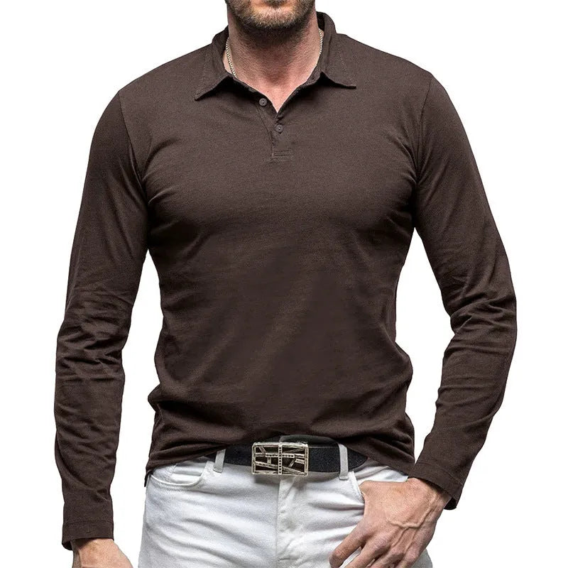Men's dark grey long sleeve polo collar cotton t-shirt shown front on, American retro style.