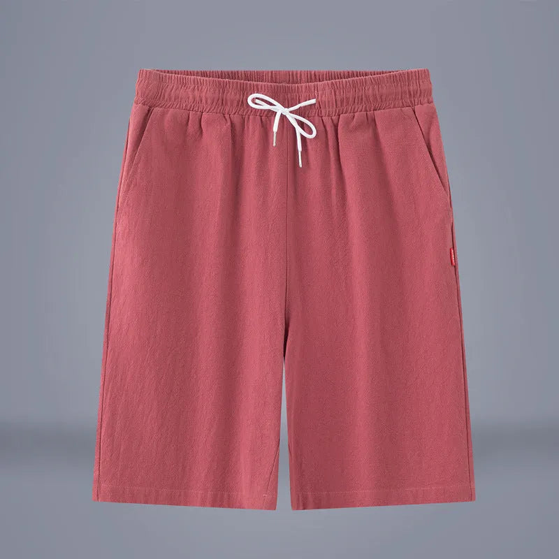 Cotton and linen cropped trousers with drawstring waist in solid colour on hanger