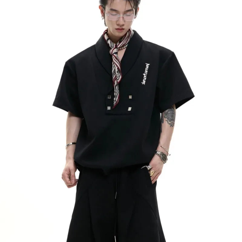 Men's dark grey metal embellished cotton sports suit with V-neck jacket and matching shorts