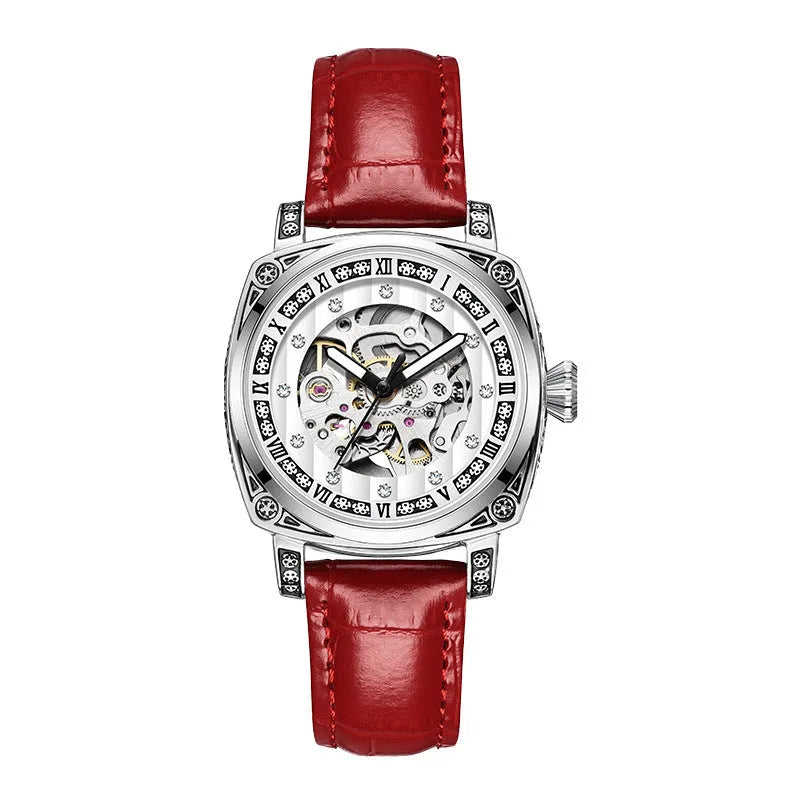 Mechanical watch with luminous hands on leather belt showing 10m waterproof rating and available colour options