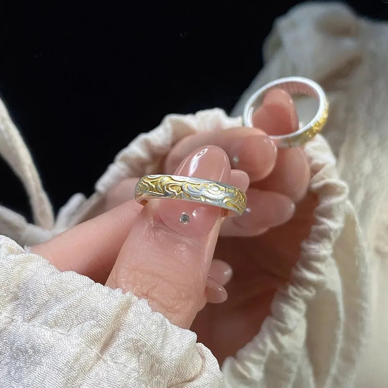 Adjustable open mouth white copper ring with J14 Xiangyun pattern and silver gold electroplated finish.