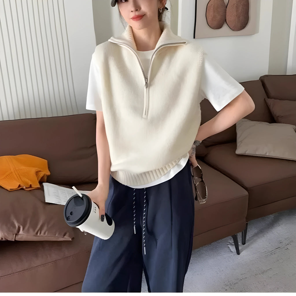 Retro half zip sleeveless knit vest in polyester mesh with 3D pattern