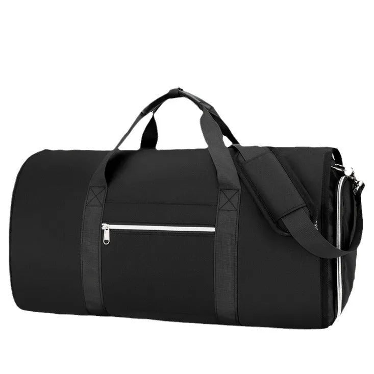 Grey expandable Oxford cloth sports and travel bag with compartments.