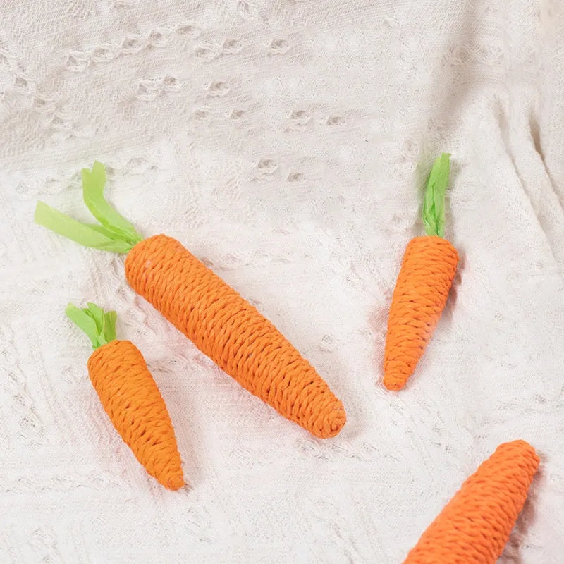 Assortment of cat toys including paper carrots, ringing stones, and textured chewing sticks in two size options, L and S.