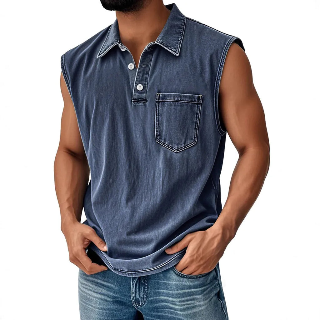 Man wearing a loose-fit short-sleeve polo shirt with a 3D digital print design.