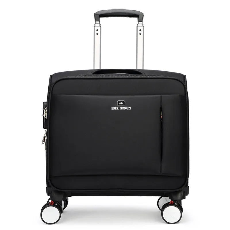 Black 18 inch Oxford cloth business suitcase with retractable handle and universal wheels.