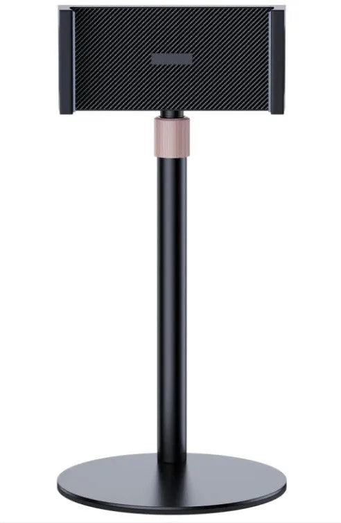 Black lifting metal tablet bracket extended to show telescopic mechanism