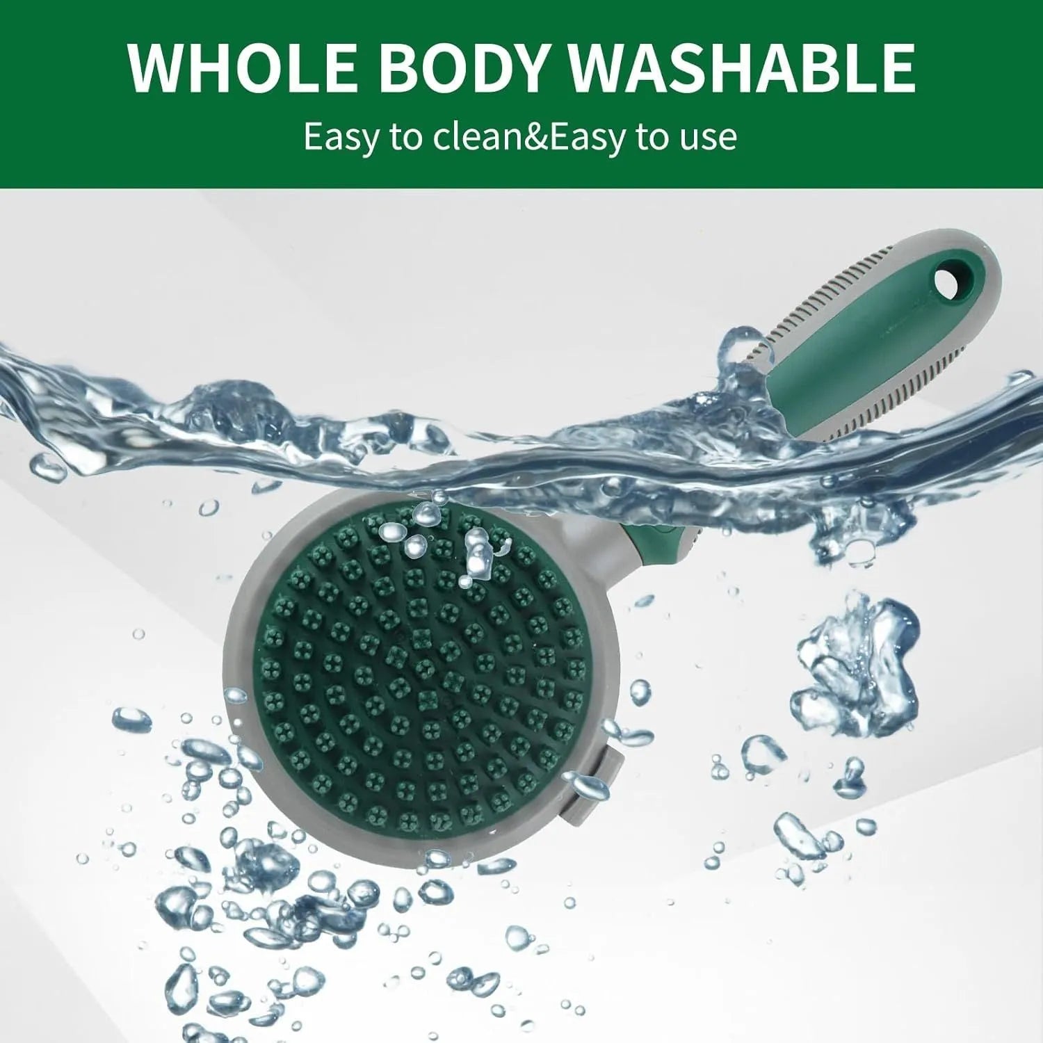Green and pink 2-in-1 silicone pet grooming brush showing slicker brush side and massage side