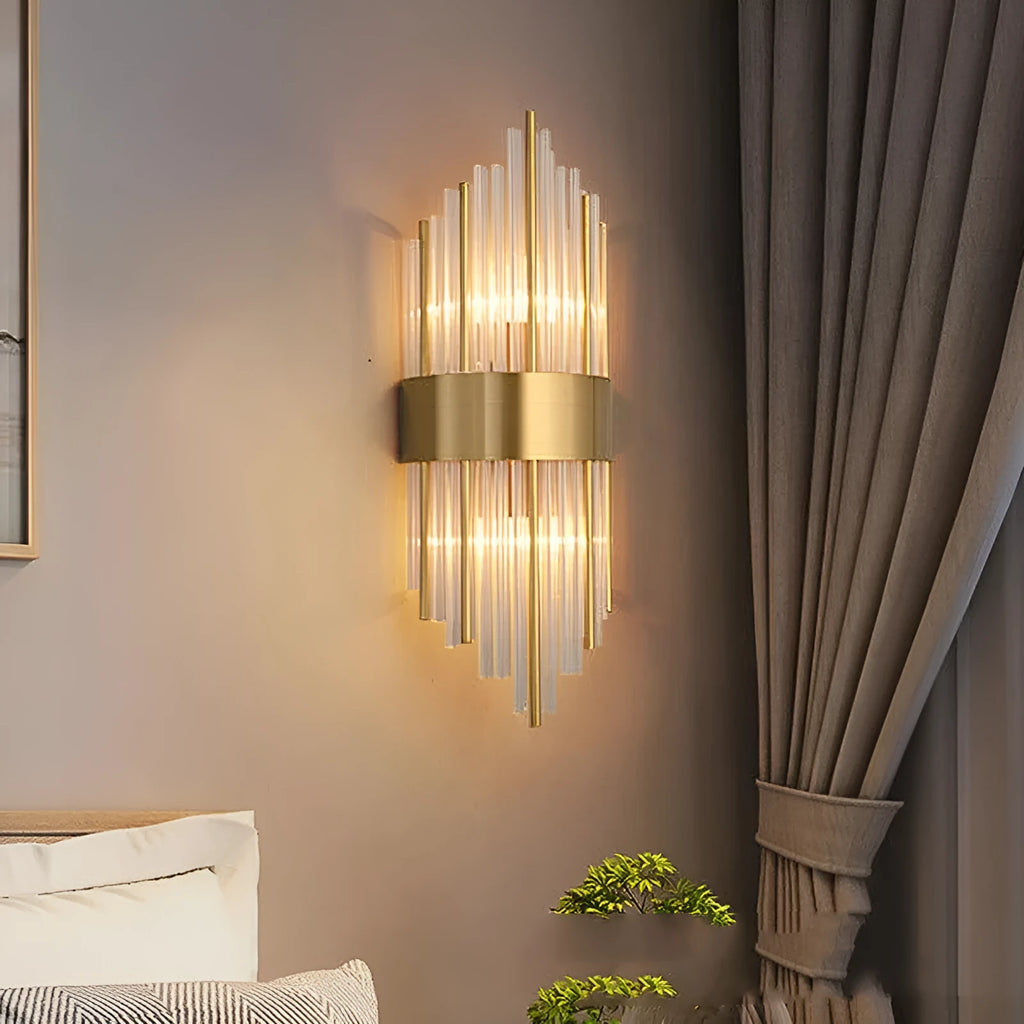 Modern petal-shaped crystal wall lamp with titanium finish in living room setting