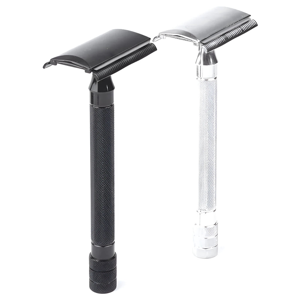 Traditional manual pogonotomy metal razor with brush in black or silver finish