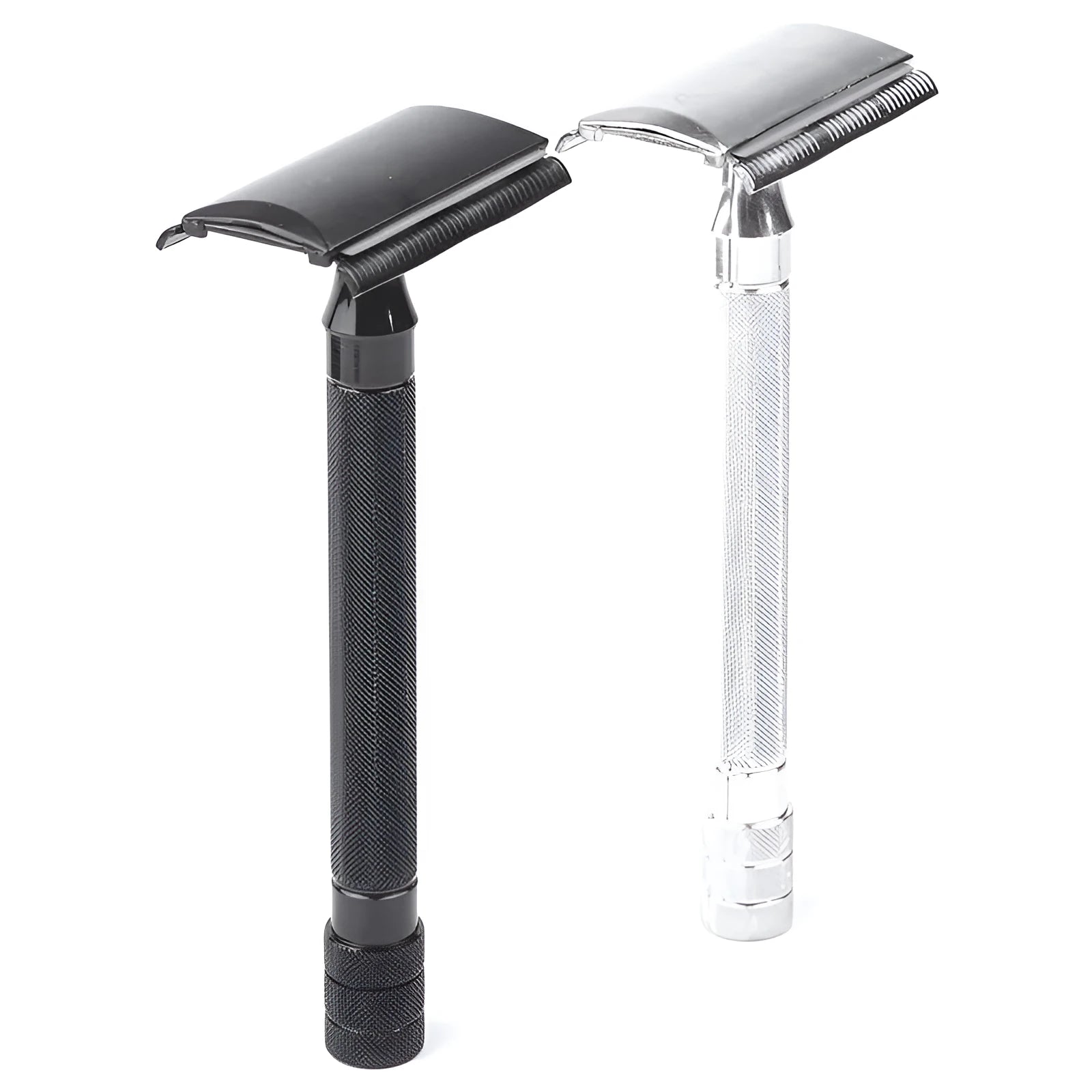 Traditional manual pogonotomy metal razor with brush in black or silver finish