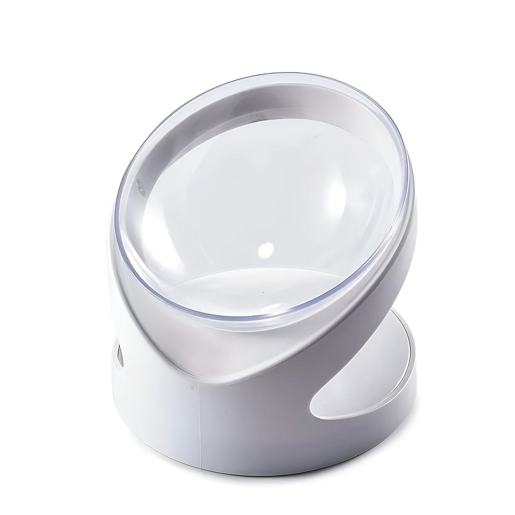 White elevated plastic cat food bowl with a slanted design for comfortable feeding.