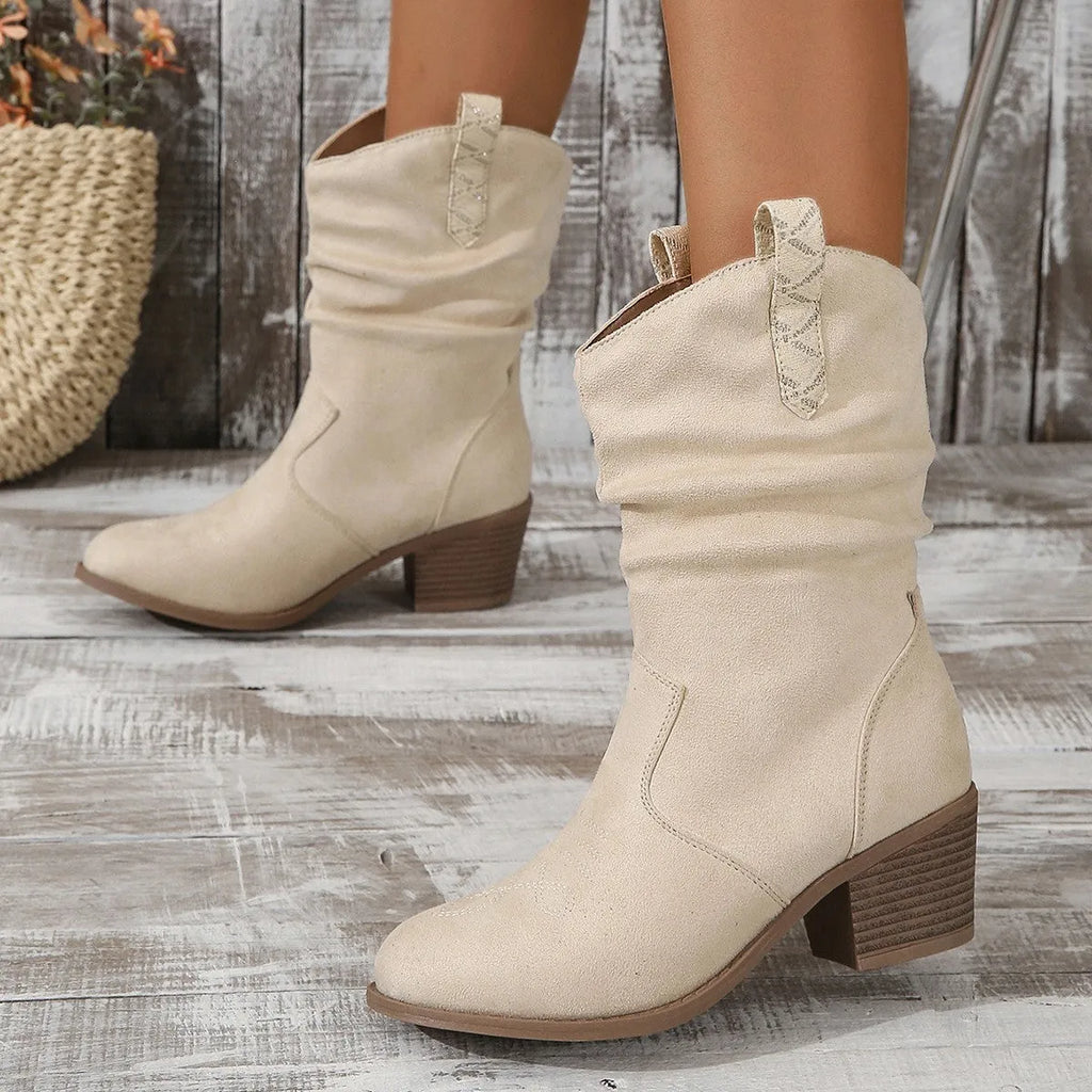Women's suede mid-calf boots with pointed toe and short stout heel in lotus root colour