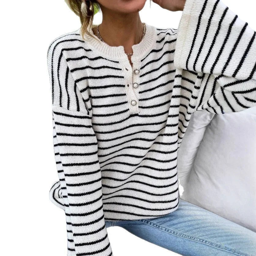 Women's black striped loose casual top with drop-shoulder long sleeves