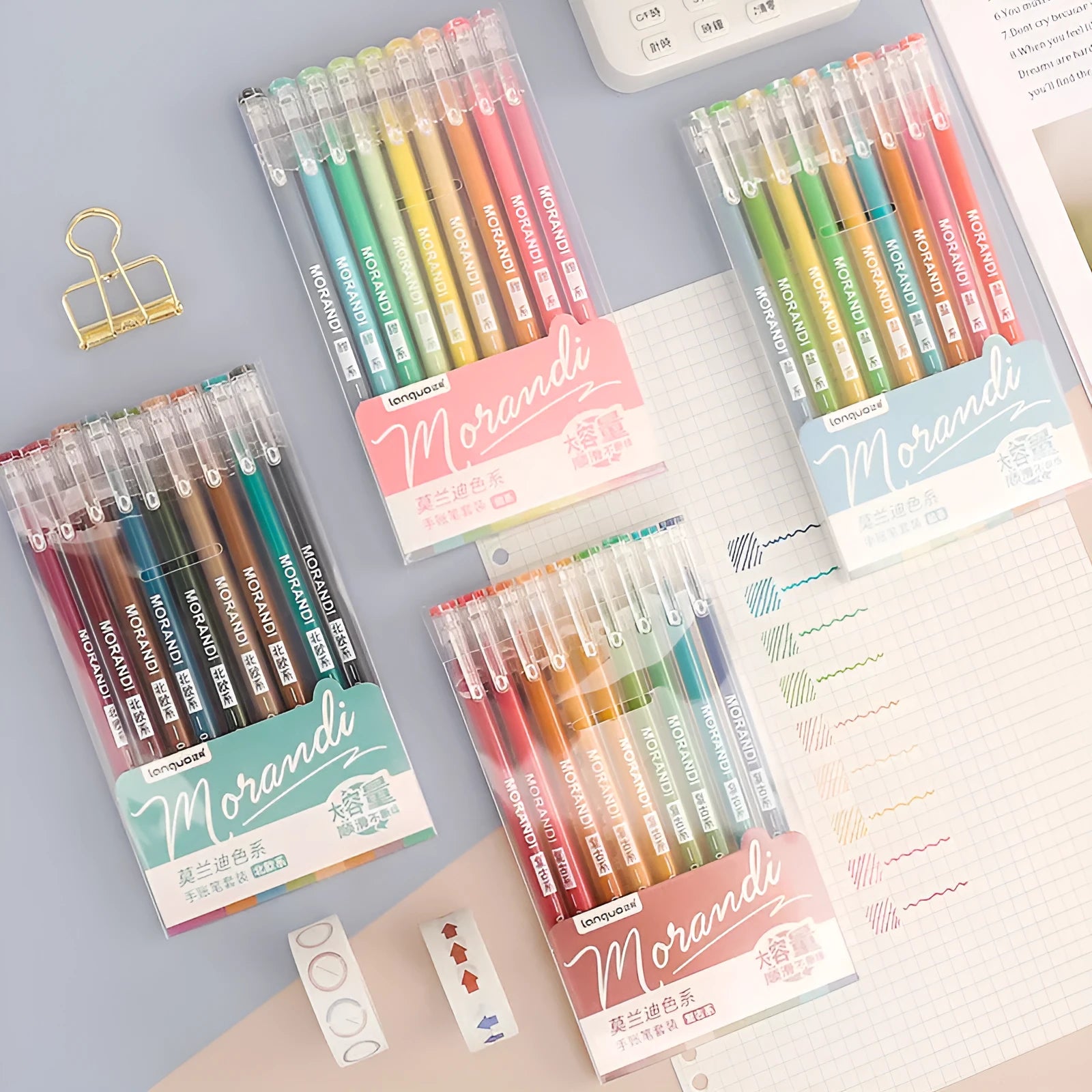 Set of nine solid colour gel pens with 0.5mm needle tips in Nordic, Retro, Salt, or Sweet series