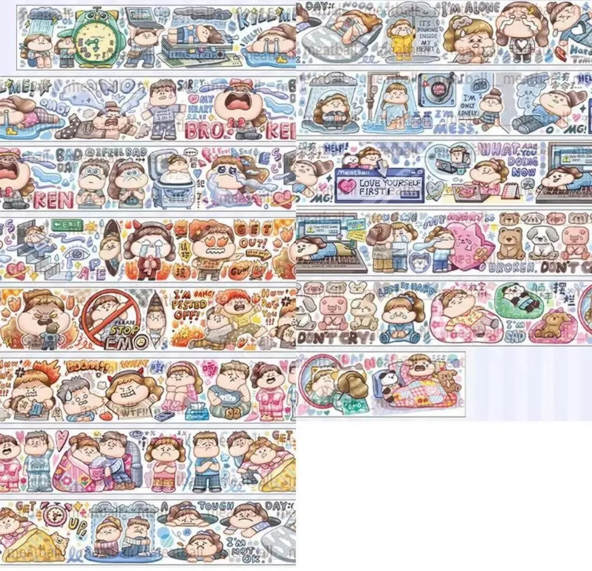 Sheet of cute cartoon character stickers on Japanese paper for haemorrhoid tape packaging and planners.