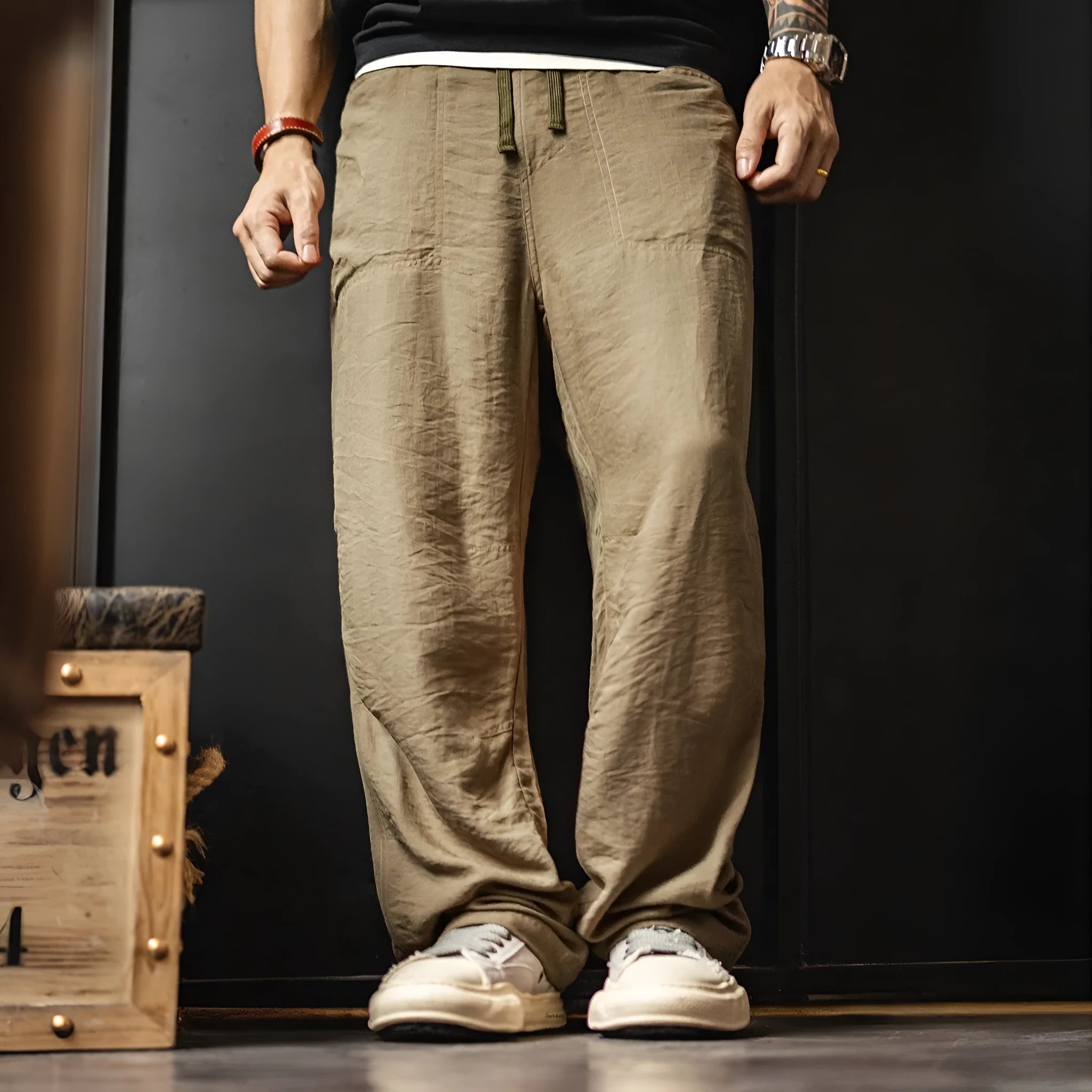 Khaki polyester baker pants for men, old money style straight leg trousers