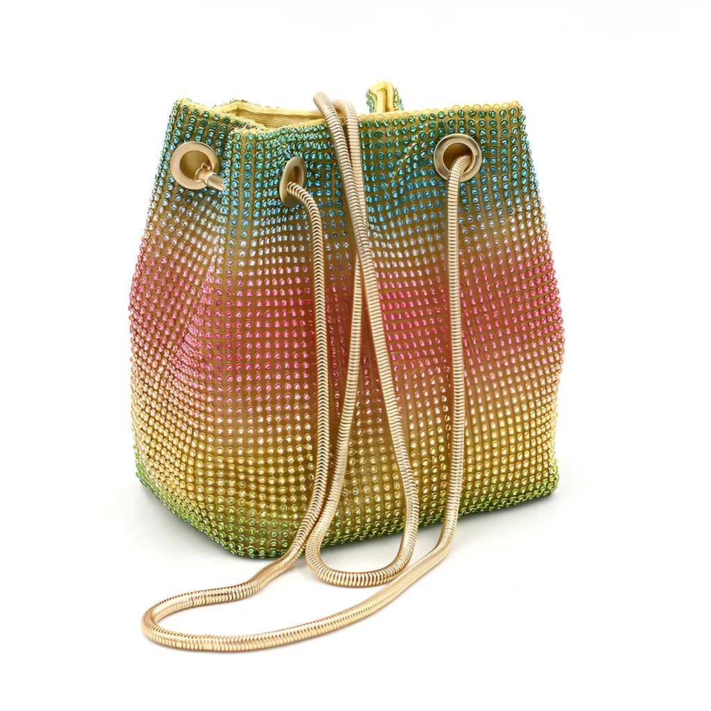 Small rainbow-coloured rhinestone bucket bag with a soft fabric construction.