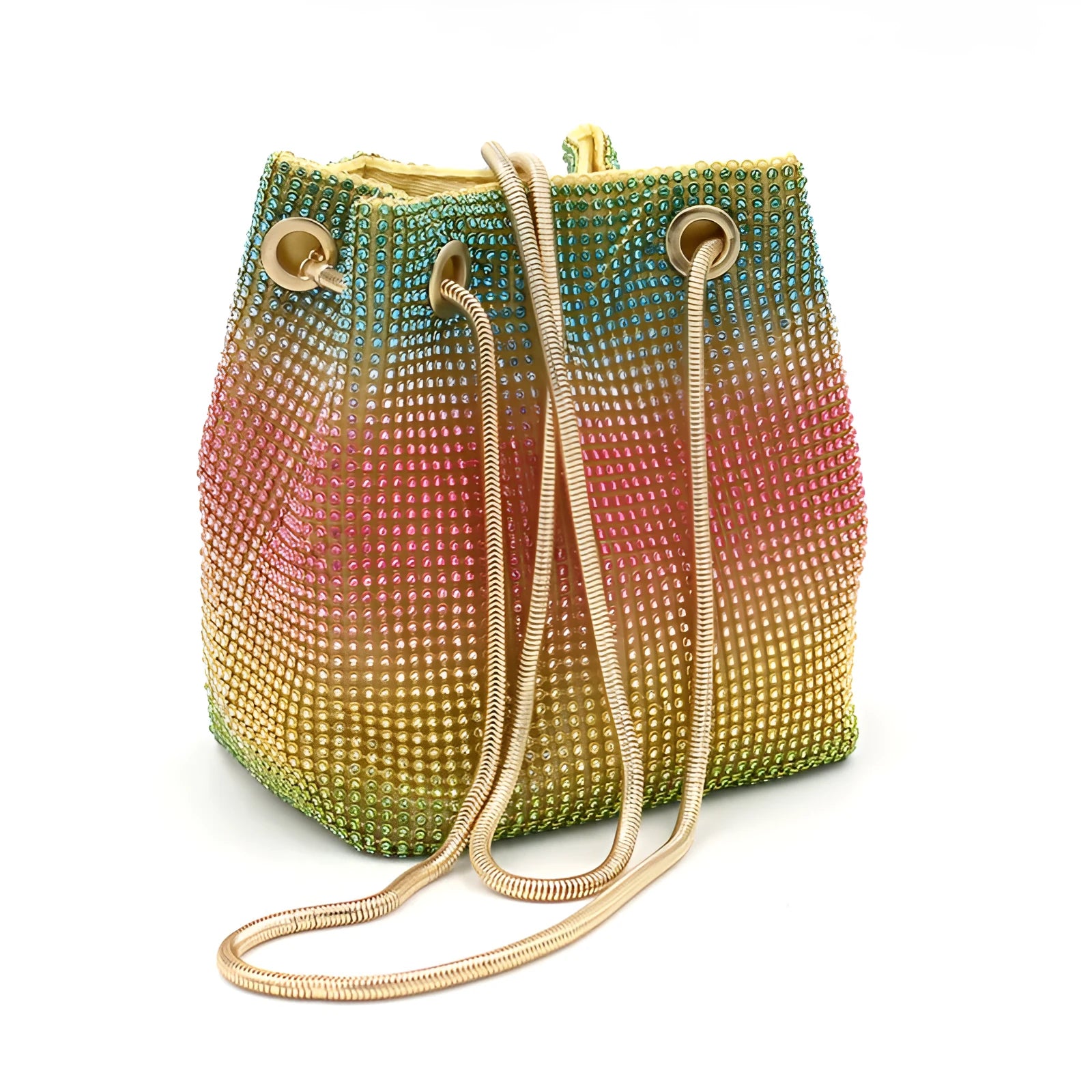 Small rainbow-coloured rhinestone bucket bag with a soft fabric construction.