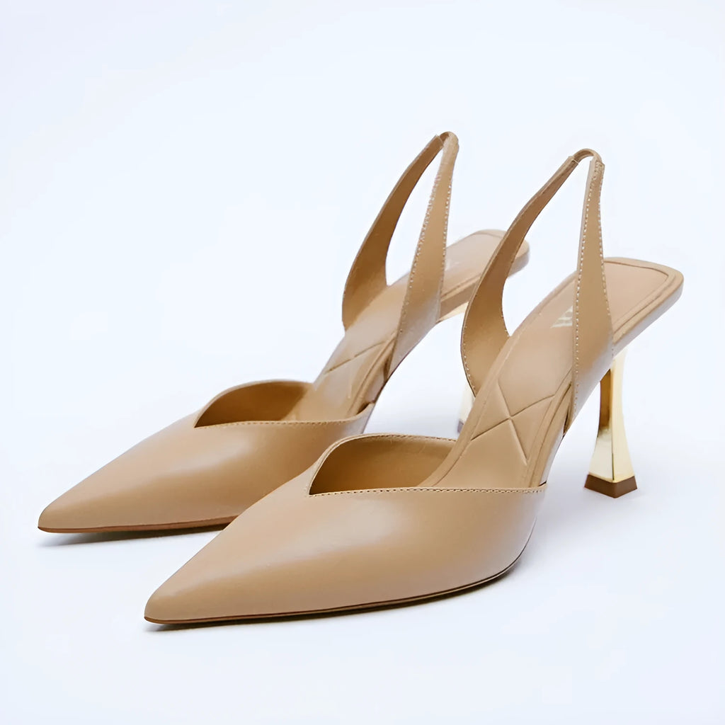Korean style women's pointed high heels in patent leather, black and apricot colours with shallow mouth design