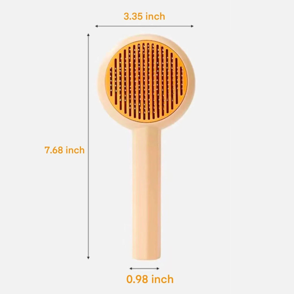 Blue and yellow pet grooming brush with metal pins and a self-cleaning button