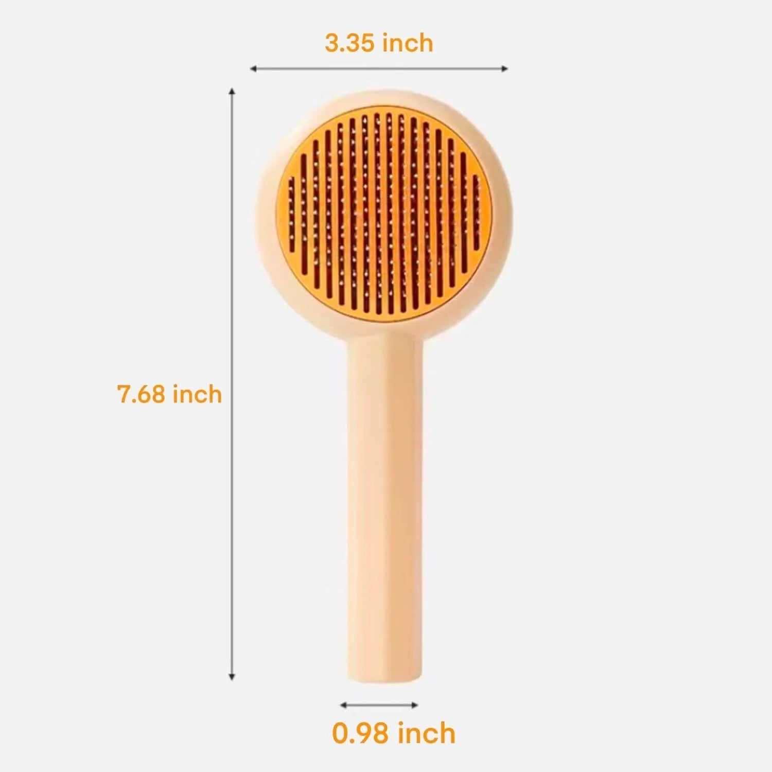 Blue and yellow pet grooming brush with metal pins and a self-cleaning button