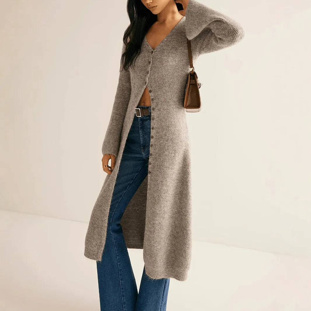 Khaki coloured women's long sleeve button-front cardigan coat in a French retro style.