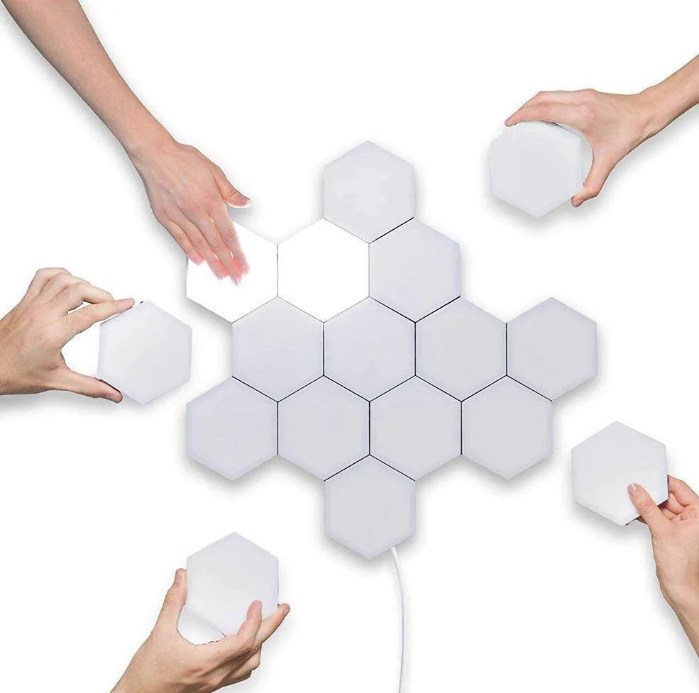 Helios modular honeycomb touch wall lamp modules in a geometric wall arrangement.