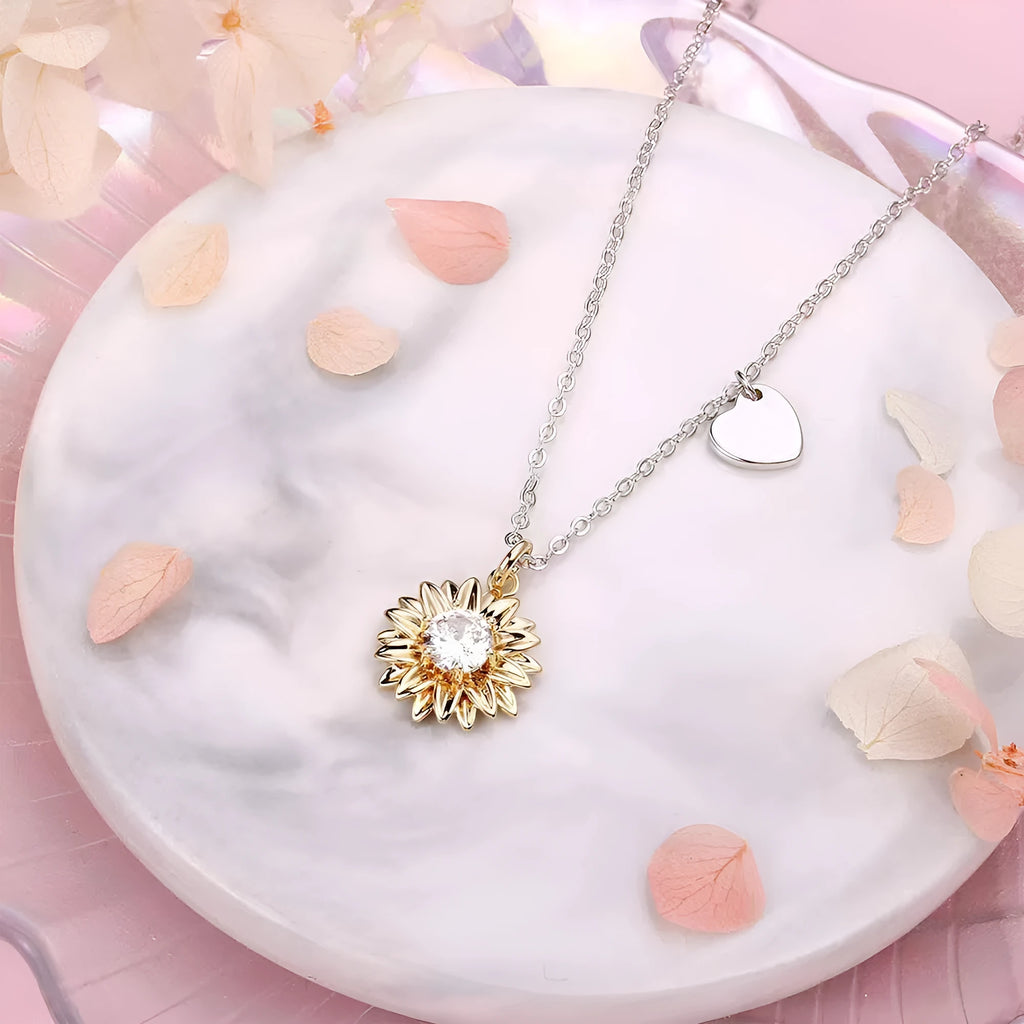 Sunflower pendant necklace in 925 silver on adjustable chain showing geometric petal details