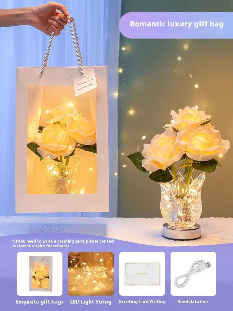 Crystal flowers rechargeable touch control table lamp with dimming function on wooden surface