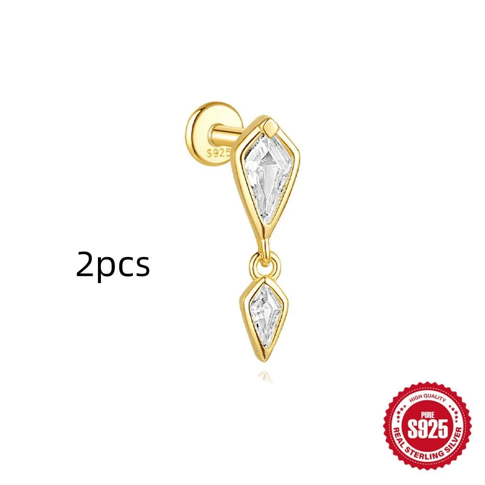 S925 sterling silver geometric kite earrings with rhinestones and chain tassel in gold tone