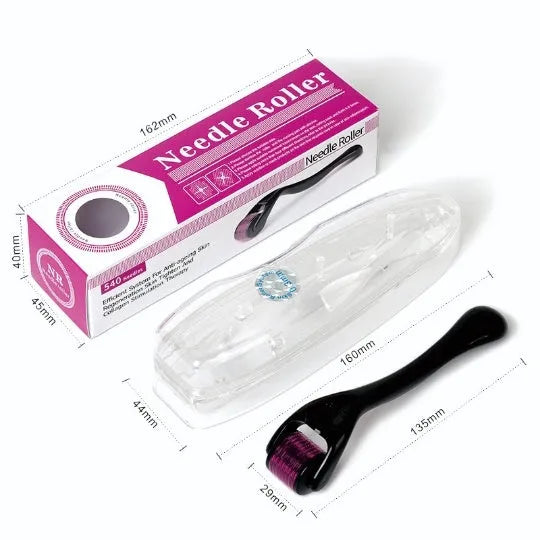 Black and purple derma roller with 540 titanium microneedles for face, beard, and scalp care.