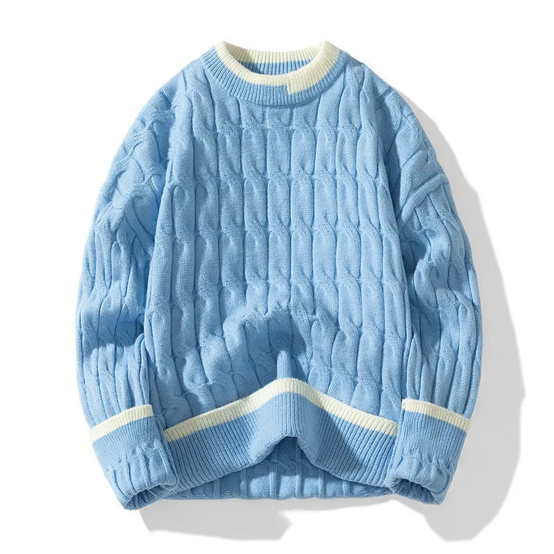 Men's loose fit two-piece acrylic modal sweater set in light blue, sporty pullover style.