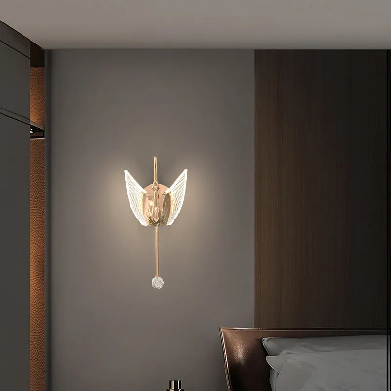 Gold minimalist swan wall lamp with iron construction and acrylic shade for bedside lighting