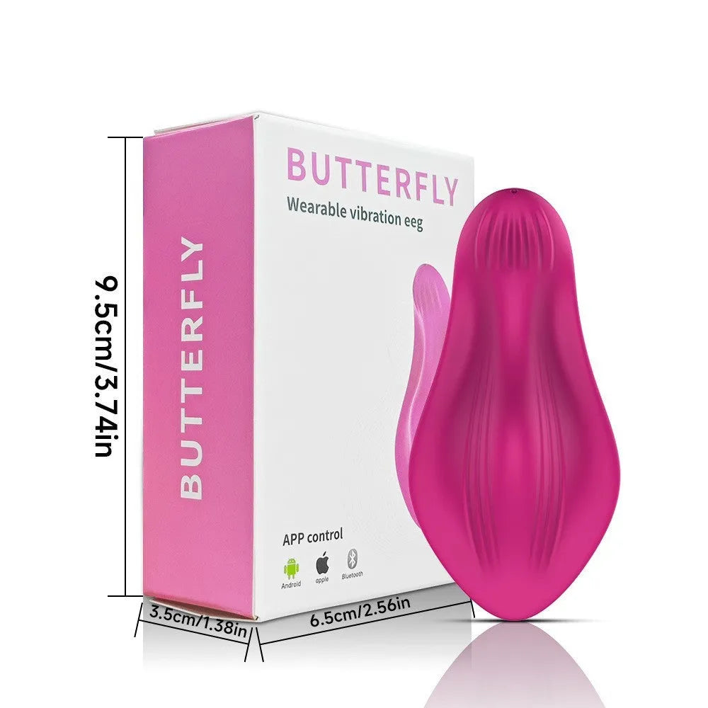 Rose red butterfly-shaped wearable vibrator with smartphone app control for external stimulation