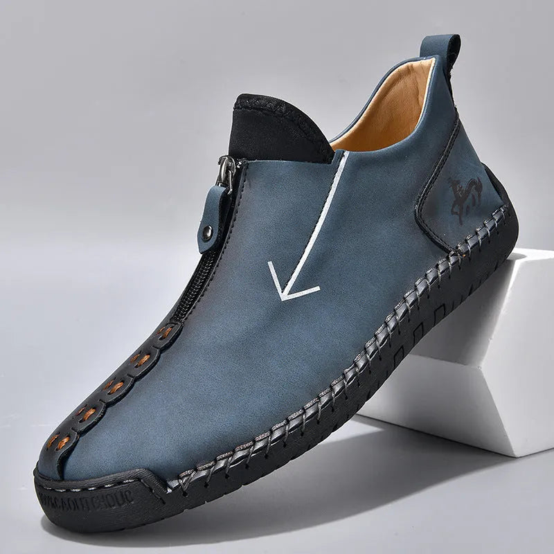 Men's black artificial PU leather Martin boots with front zipper and hand-stitched rubber sole
