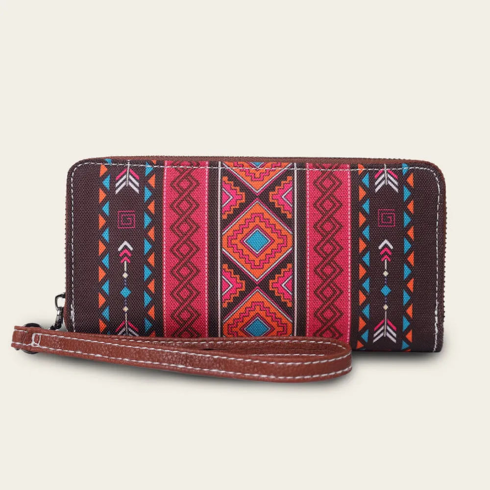 Bohemian striped canvas RFID blocking wallet in beige, black and red, khaki, or spearmint