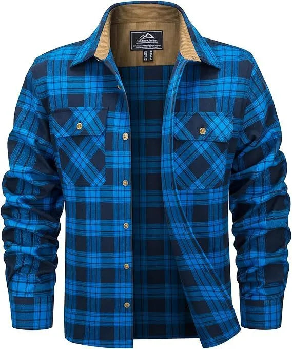 Man wearing a casual orange and black plaid flannel button-down shirt with long sleeves.