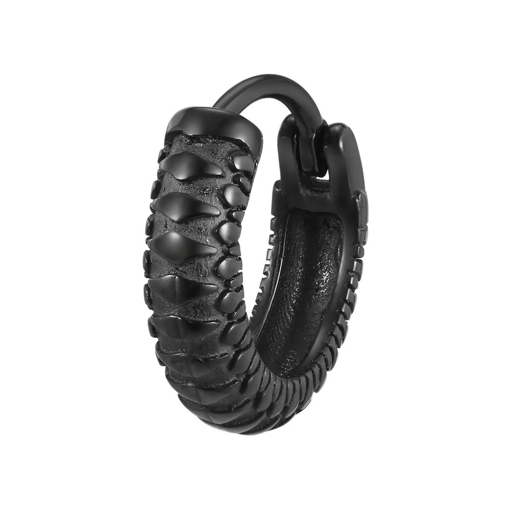A pair of stainless steel earrings with a snake pattern design in black or gold.
