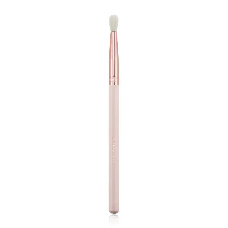 26 pink-handled makeup brushes with wool bristles in a rolled-up PU case