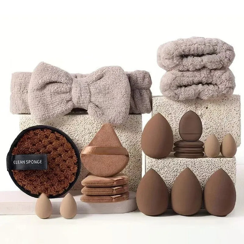 Hydrophilic non-latex beauty tools combination set with multiple cosmetic applicators for face washing and makeup