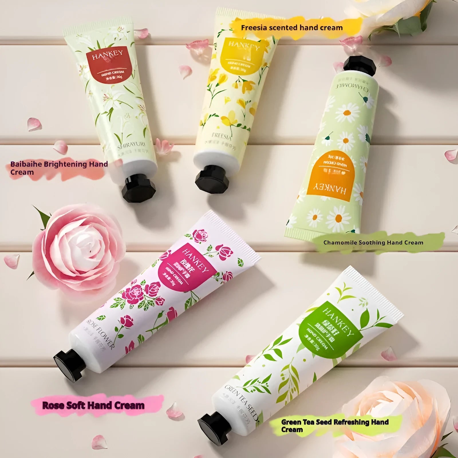 30g Fruit Hand Cream tube in multiple fragrance options including avocado and chamomile