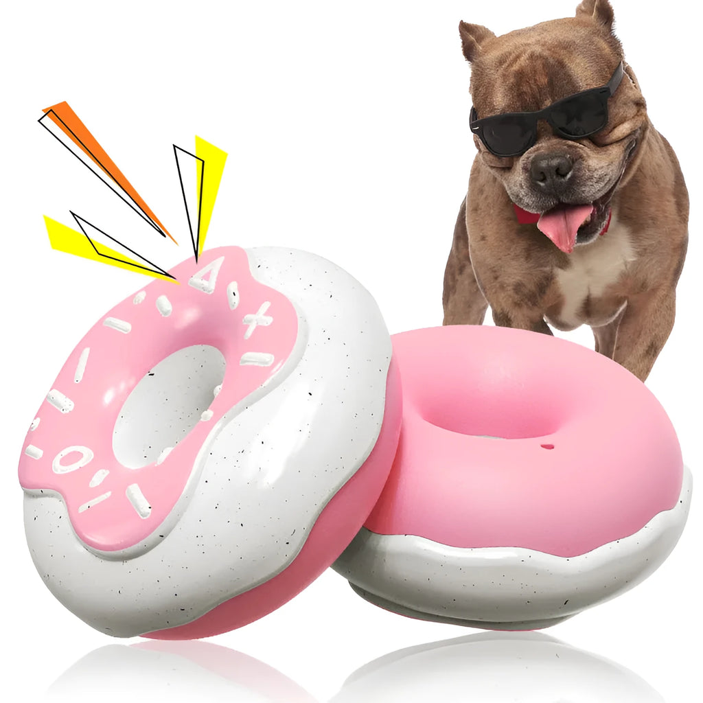 TPR donut-shaped dog chew toy in pink, chocolate brown, or yellow colours with squeaker