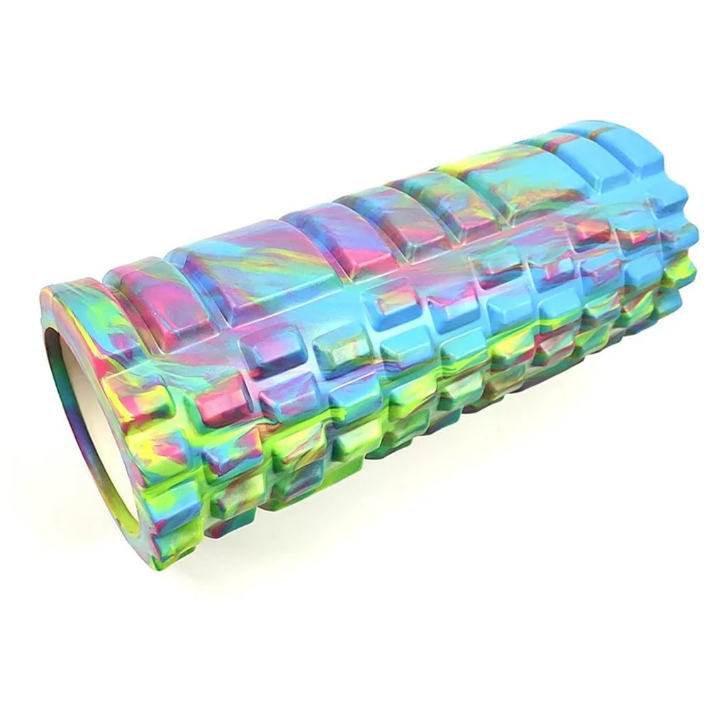 33cm camouflage pattern EVA foam roller in blue green yellow colour shown on exercise mat