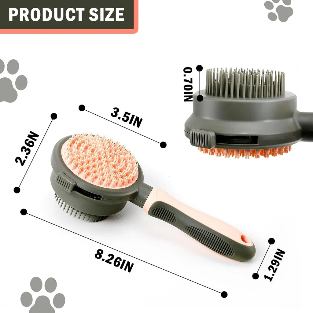 Double-sided cat brush with release button and flea comb in green and pink colour options
