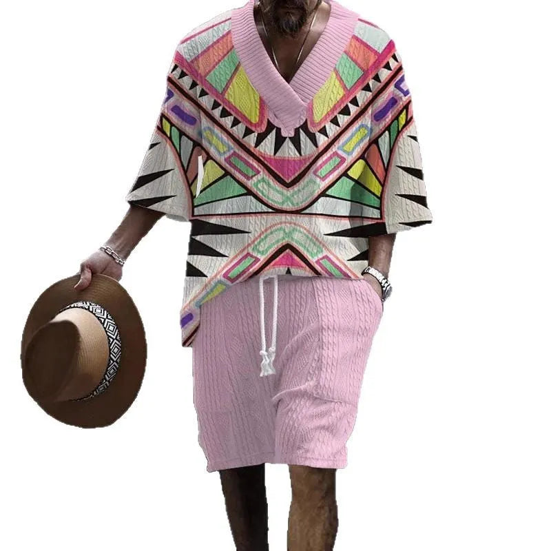 Loose casual short sleeve suit set in polyester fabric showing matching top and shorts