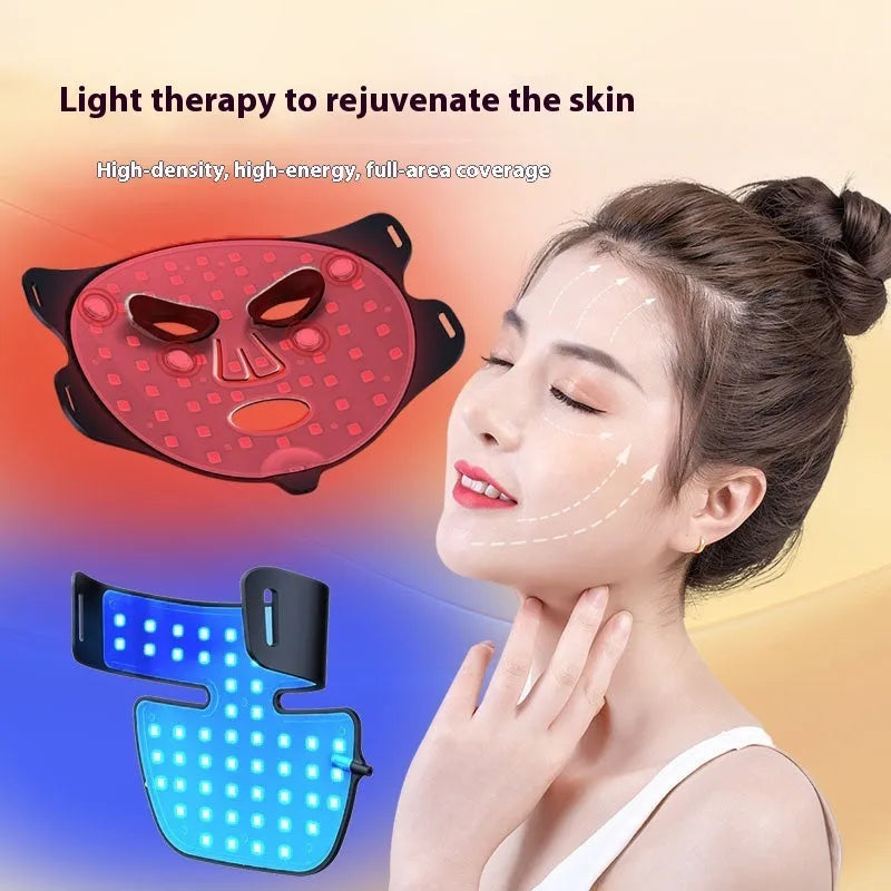 Black four-colour LED photon beauty mask with neck care strap and adjustable settings