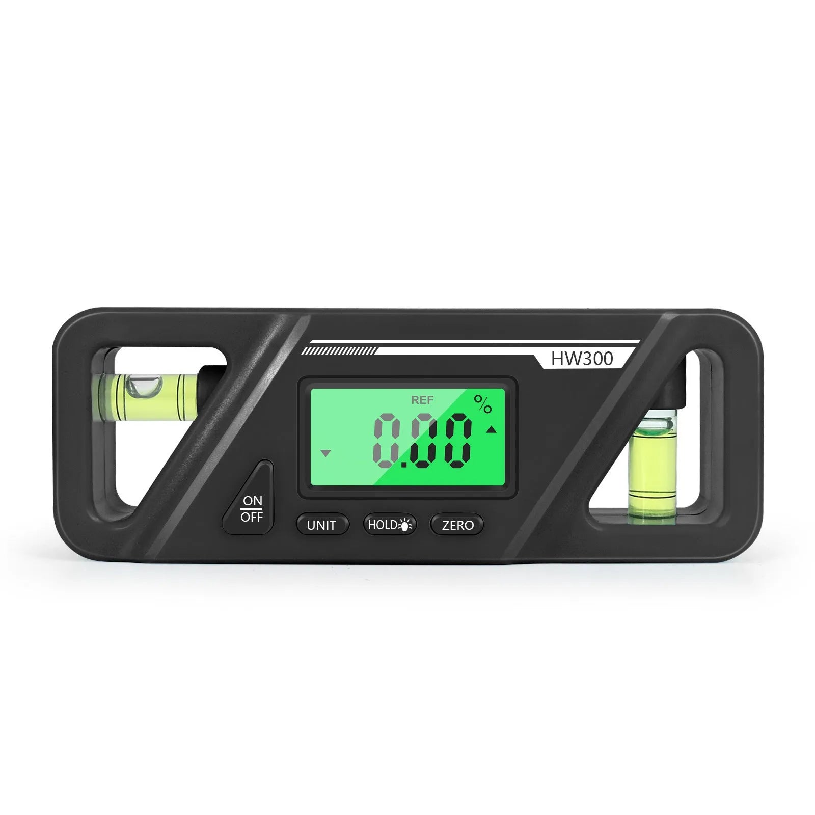 HW300 digital magnetic inclinometer angle gauge showing display and compact 115mm size