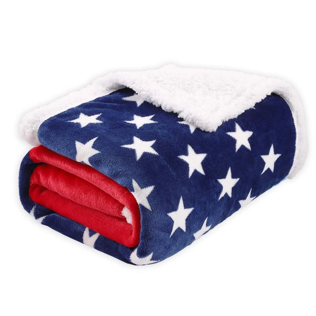 Striped American-style polyester blanket folded, showing size options for autumn and winter warmth.
