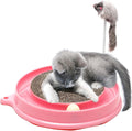 Circular blue cat scratcher with rolling ball track and replaceable corrugated cardboard centre pad